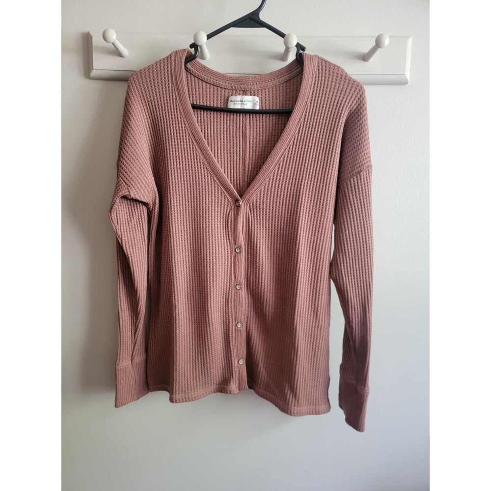 Abercrombie & Fitch Women's Medium V Neck Henley Cozy Af Cardigan Brown Sweater